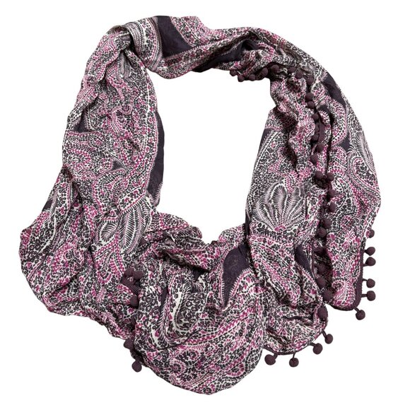 Ann Taylor Bohemian Paisley Print Infinity Scarf With Pom Pom Trim - Pink & Blac - Picture 1 of 3